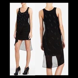 New BCBGMaxAzria Jillian asymmetric studded sheer mesh overlay hi-low minidress